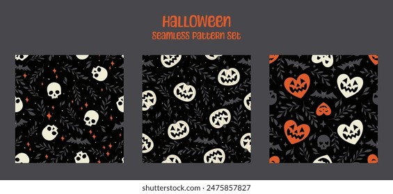 A collection of three seamless patterns featuring Halloween-themed designs with skulls, pumpkins, and bats in black, white, and orange colors on a dark background.