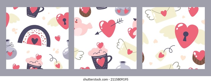 Collection of three seamless patterns Valentine's Day. Abstract trendy vector graphic. 