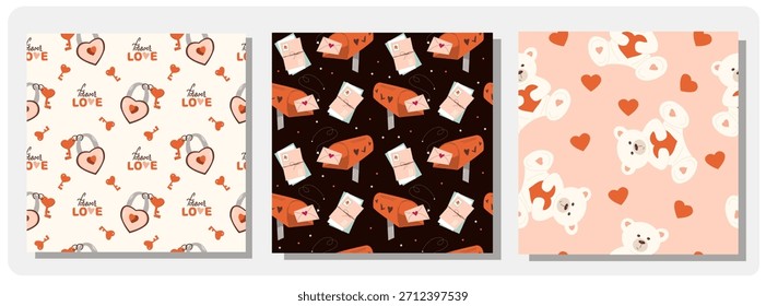 Una colección de tres patrones sin costuras para el día de San Valentín. Corazones, llaves y cerraduras, buzones y cartas de amor, ositos de peluche y corazones. Ideal para papel de regalo y fondos.