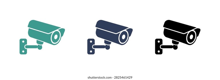 A collection of three security camera icons in green blue and black colors representing surveillance systems and digital safety monitoring equipment.