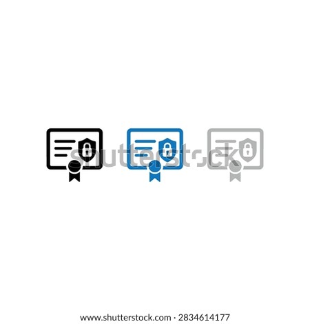 A collection of three security certificate icons in black blue and grey featuring a shield and padlock to represent data protection and encryption standards.