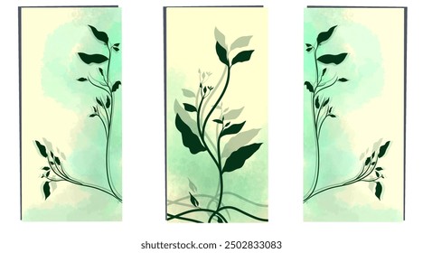 A collection of three sets of room decoration design elements featuring green leafy plants