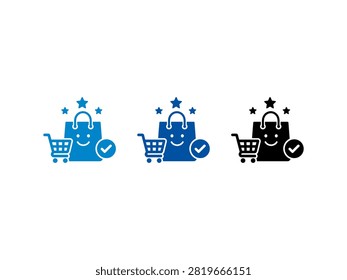A collection of three shopping icons in different colors showing a happy shopping bag with a cart stars and a verification check mark for ecommerce business