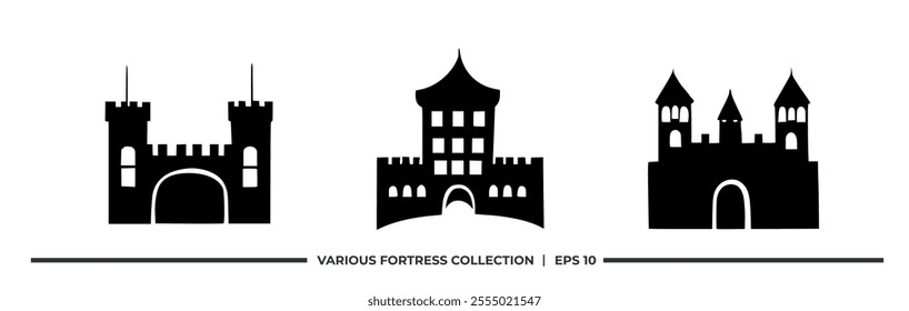 A collection of three silhouette fortress designs for graphic use.