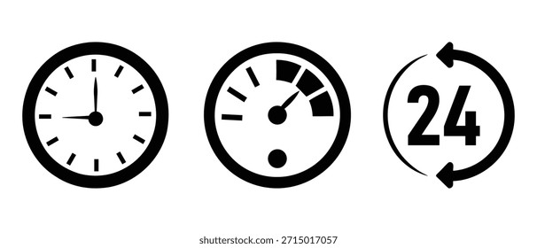 Sammlung von drei einfachen schwarzen Linien-Icons, die eine Uhr, eine Geschwindigkeitsanzeige und ein 24-Stunden-Kreispfeil-Symbol darstellen, perfekt für Servicekonzepte.
