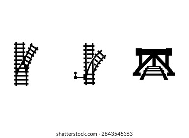 A collection of three simple black vector icons representing railway infrastructure including a track switch, a switch with a lever, and a bridge or tunnel entrance.