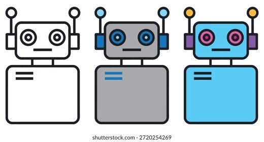 Eine Sammlung von drei einfachen Cartoon-Robotern mit verschiedenen Farbschemata und minimalistischem Design
