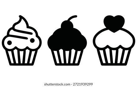 Colección de tres iconos de cupcake de estilo silueta y arte de líneas simples con varios ingredientes como una cereza, un corazón y puntos de glaseado simples para conceptos de panadería o postre.