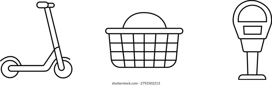a collection of three simple line art icons including a scooter basket and parking meter