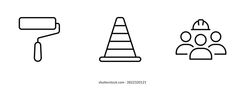 A collection of three simple line art icons representing construction and renovation tasks, including painting, safety, and a construction crew.