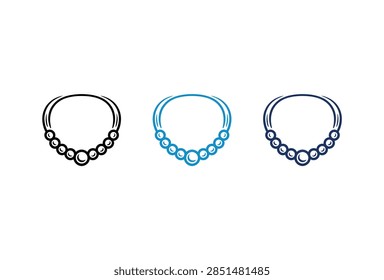 A collection of three simple vector illustrations of pearl necklaces featuring black outline blue gradient and dark blue styles for jewelry design concepts