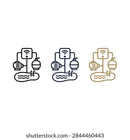 Collection of three smart pool system icons showing pump, filter, and chemical dispenser with Wi-Fi symbol.