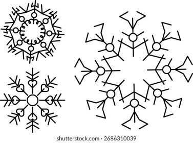 Collection of three snowflakes, each with unique geometric designs, featuring lines, circles, hearts, and abstract patterns in black and white.