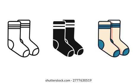 A collection of three sock icons displayed in linear, solid black, and colored flat design styles on a white background.