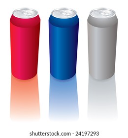 Collection of three soda cans with reflection and pull top