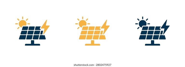 A collection of three solar panel icons in different color schemes featuring sun rays and electricity symbols to illustrate clean green energy technology and environmental conservation