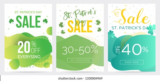 Collection of three St Patricks Day banners, bright templates for business. Abstract green shapes background