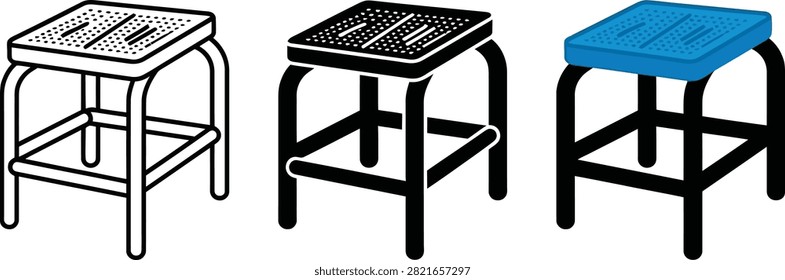 A collection of three stool icons featuring a simple outline design, a solid black silhouette, and a modern version with a blue seat, isolated on white.