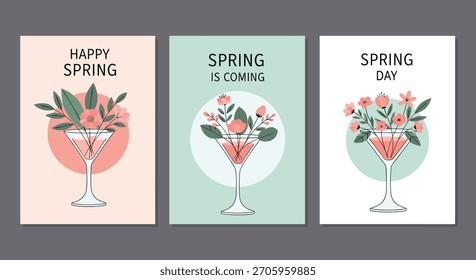 Coleção de três cartões de primavera elegantes com buquês de flores em vidros de martini e saudações sazonais em fundos pastel.