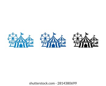 A collection of three stylized amusement park icons featuring a striped circus tent a ferris wheel and a carousel horse ride in blue and black colors