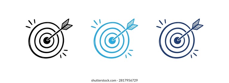 A collection of three stylized archery target icons featuring arrows hitting the center bullseye presented in black light blue and dark purple colors