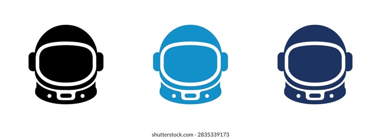 A collection of three stylized astronaut helmet icons featuring black light blue and dark blue variations for science and technology projects