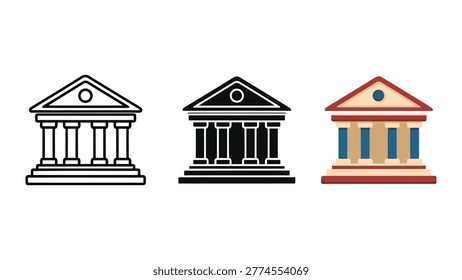 Collection of three stylized bank building icons representing classical architecture in outline, silhouette, and color flat design. Ideal for financial services, education, and government concepts.