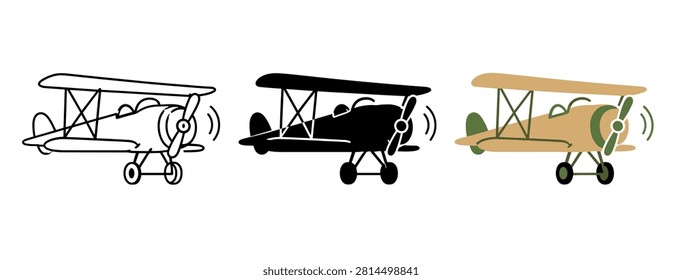 A collection of three stylized biplanes, showcasing outline, solid black silhouette, and a charming vintage color scheme for aviation enthusiasts