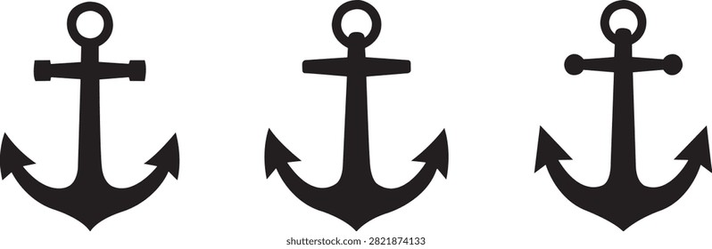 A collection of three stylized black anchor illustrations on a white background, symbolizing nautical themes, safety, and steadfastness for various design projects.