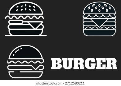 A collection of three stylized black and white line art icons representing burgers, accompanied by the bold white text 'BURGER' against a dark background. Ideal for fast food branding, menus, or web d