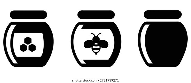Eine Sammlung von drei stilisierten schwarz-weißen Symbolen, die Honiggläser darstellen, eines mit einem Wabenmuster, das andere mit einer Biene und das dritte leere, perfekt für Lebensmittel- oder Naturthemen.