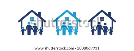 A collection of three stylized blue icons representing a family of four standing together inside the outline of a house with a chimney and windows