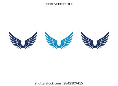 A collection of three stylized blue and navy bird wings icons isolated on a white background perfect for heraldry and sports logos