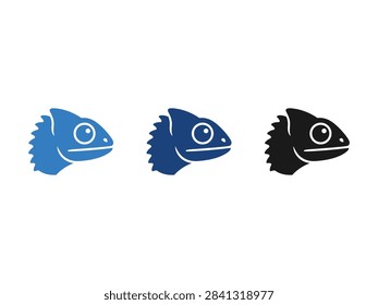 A collection of three stylized chameleon head icons featuring different shades of blue and black for branding and graphic design projects