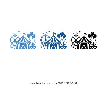 A collection of three stylized circus icons including a striped tent ferris wheel balloons and masquerade mask in blue and black colors