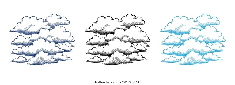 A collection of three stylized cloud clusters featuring hand drawn outlines with variations in gray shading and blue highlights on a white background