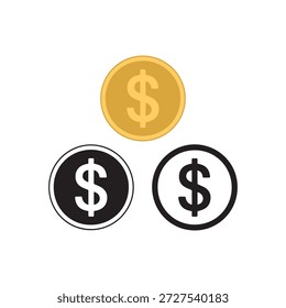 Colección de tres monedas estilizadas de signo de dólar, una de oro y dos emblemas circulares monocromáticos que representan las finanzas monetarias y los símbolos económicos contra un fondo blanco limpio versátil