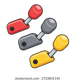 A collection of three stylized gear shift levers, depicted in red, gray, and yellow, isolated on a white background.