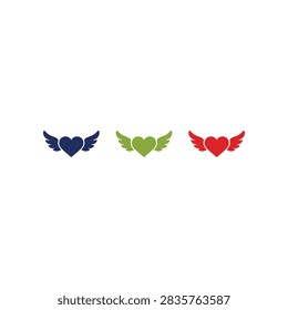 A collection of three stylized heart icons featuring spread wings in navy blue lime green and bright red isolated on a plain background