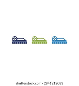 A collection of three stylized hovercraft vehicle icons presented in different color variations including navy blue lime green and light blue on a plain white surface