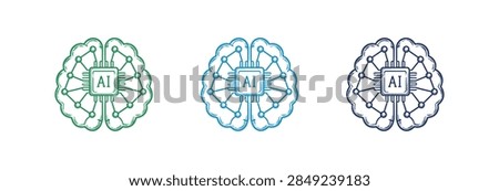 A collection of three stylized human brain icons featuring integrated circuit board designs and AI lettering representing machine learning and digital intelligence concepts.