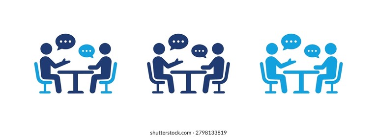 A collection of three stylized icons depicting a professional conversation or interview between two individuals sitting at a desk with communication symbols