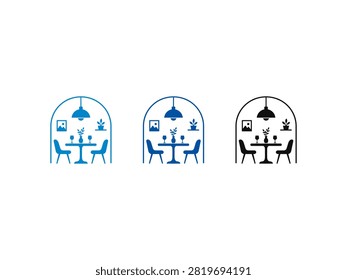 A collection of three stylized icons depicting a cozy dining area with a table chairs lamp and wall decor inside an arch