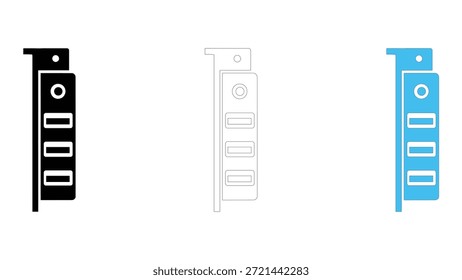 Colección de tres iconos estilizados que representan un soporte de montaje de tarjeta gráfica de computadora o cubierta de ranura. Incluye una versión negra sólida, una versión de contorno simple y una versión azul sólida, todo presente