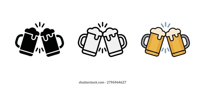 Collection of three stylized icons representing two beer mugs clinking together with frothy heads and celebratory splashes isolated on a transparent background suitable for beveragerelated graphics and designs