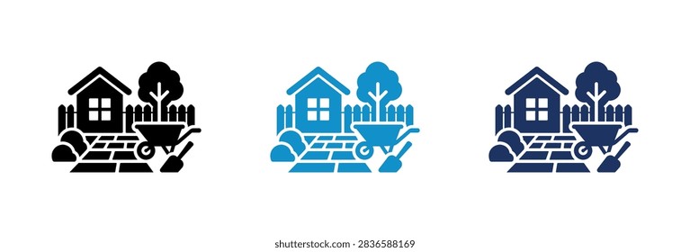 A collection of three stylized icons representing home gardening landscaping services and backyard maintenance with house tree fence and garden equipment elements