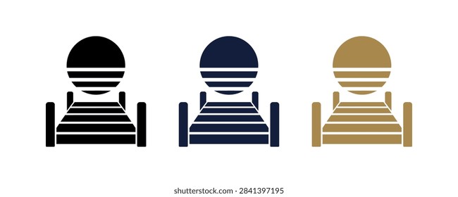 A collection of three stylized icons representing a wooden dock leading toward a setting sun over the water in various color schemes