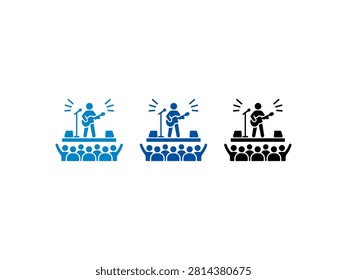 A collection of three stylized icons showing a musician performing on stage with a guitar and microphone in front of a cheering crowd of fans.