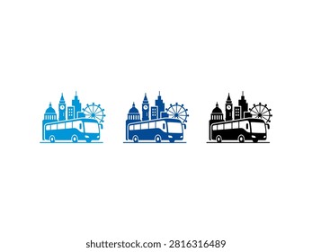 A collection of three stylized London city tour bus logos featuring famous landmarks like Big Ben and the London Eye in blue and black colors.