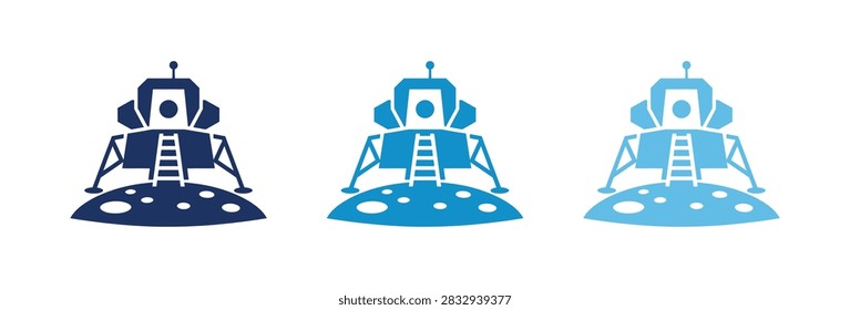 A collection of three stylized lunar module icons landing on the moon surface featuring craters and ladders in various shades of blue